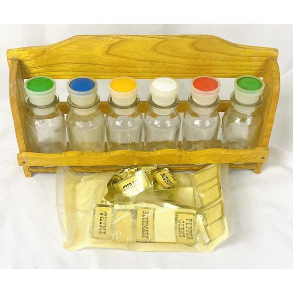 Vintage Norleans Yellow Wooden Spice Rack w Jars Bottles & Labels - Japan - Picture 1 of 8
